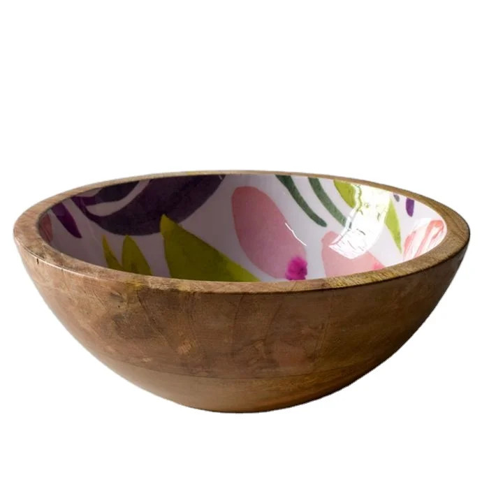 Mango Wood Bowl with Floral Pattern - Large