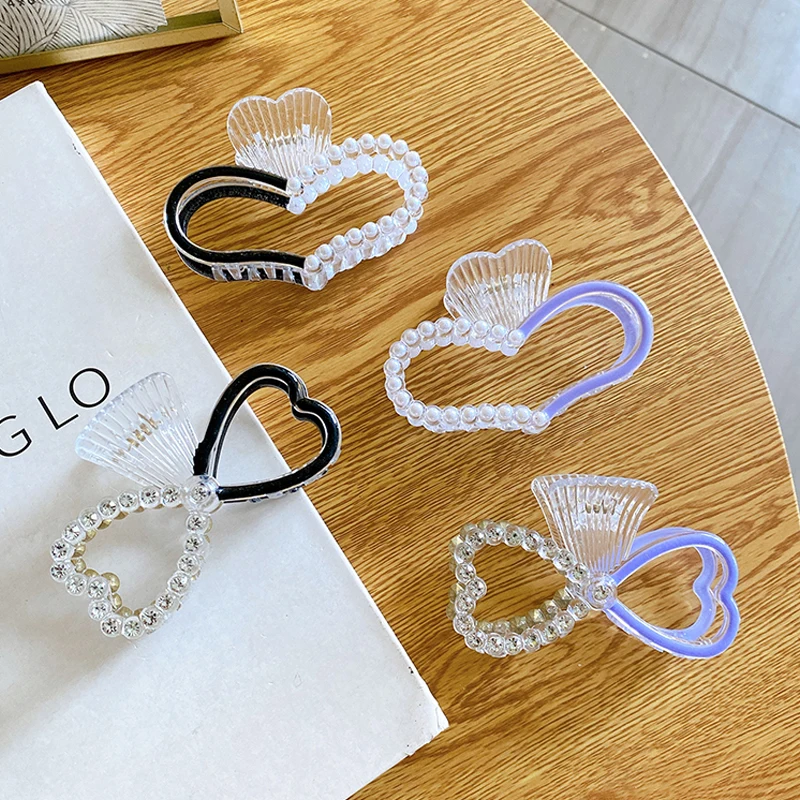 HONEY FLOWER Korean Style Rhine-diamond Pearl Love-heart Bowknot Shape 9cm Size Transparent Half Candy Color Hair Claw Clip