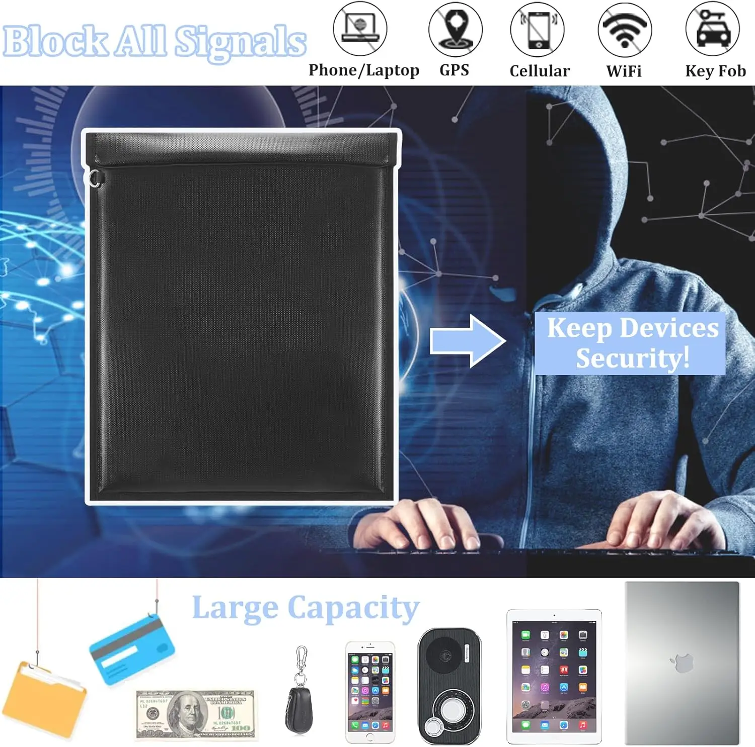 4 Pack Faraday Bags, Faraday Cage for Laptops, Tablet, Radio, Phones, Waterproof & Fireproof RFID Blocking Pouch