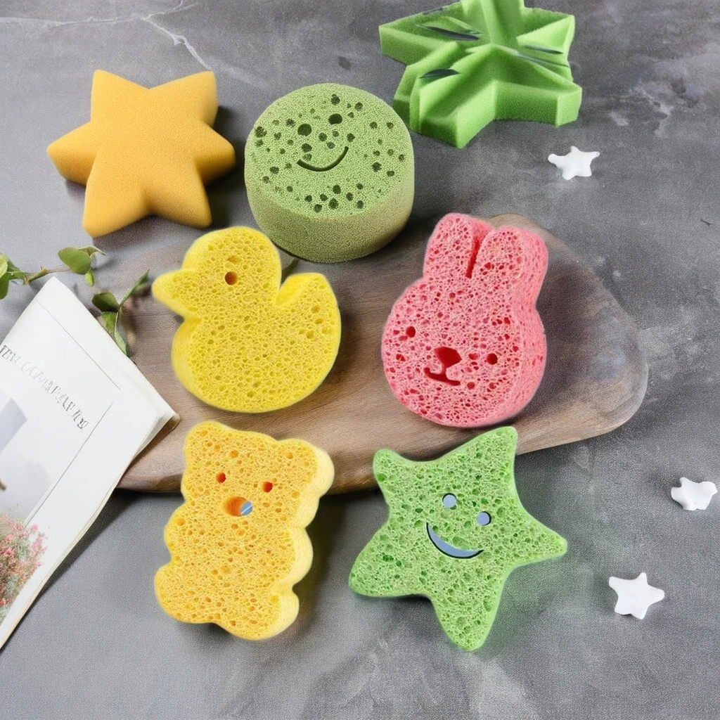 Cartoon Cellulose Sponge for Baby Eco-Friendly High Water Absorption Bath & Body Cleaning for Home & Facial Use Bulk Packed