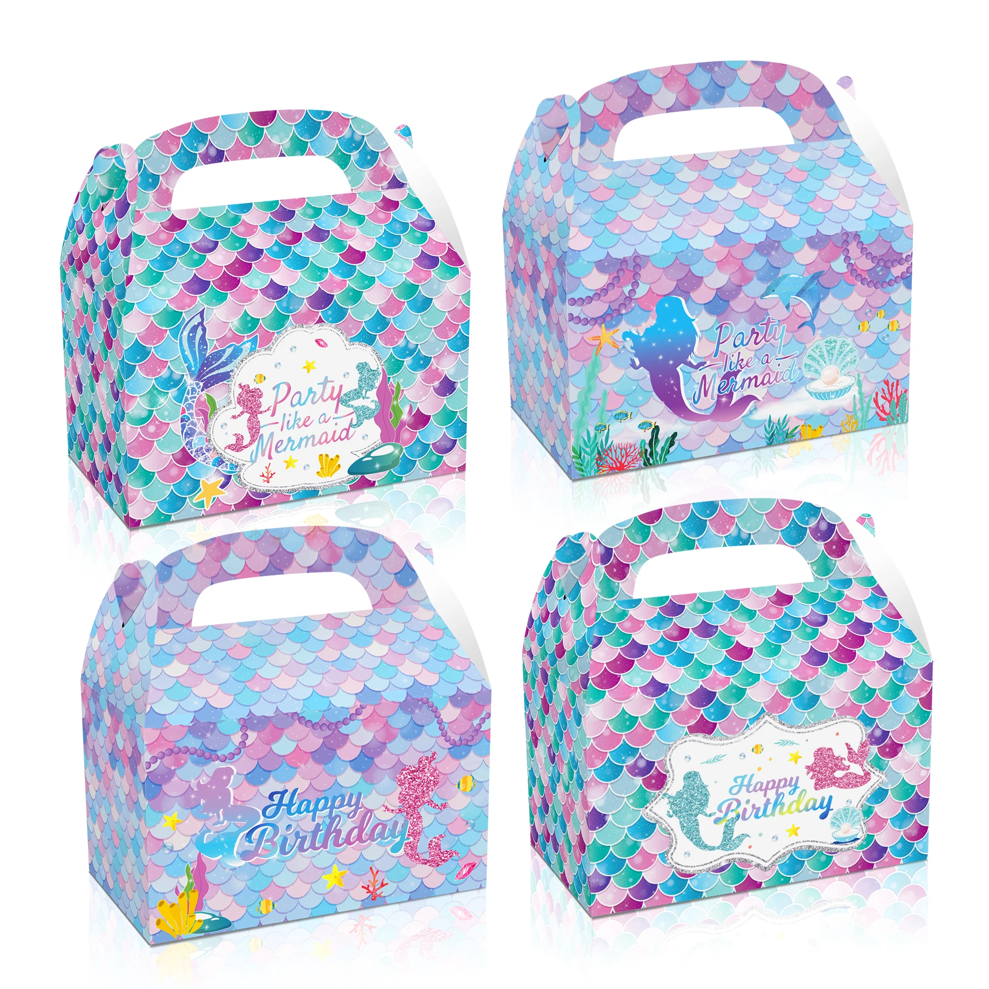Huancai 12 pcs mermaid candy treat boxes double side design paper gift cake goodies box for kids happy birthday party supplies
