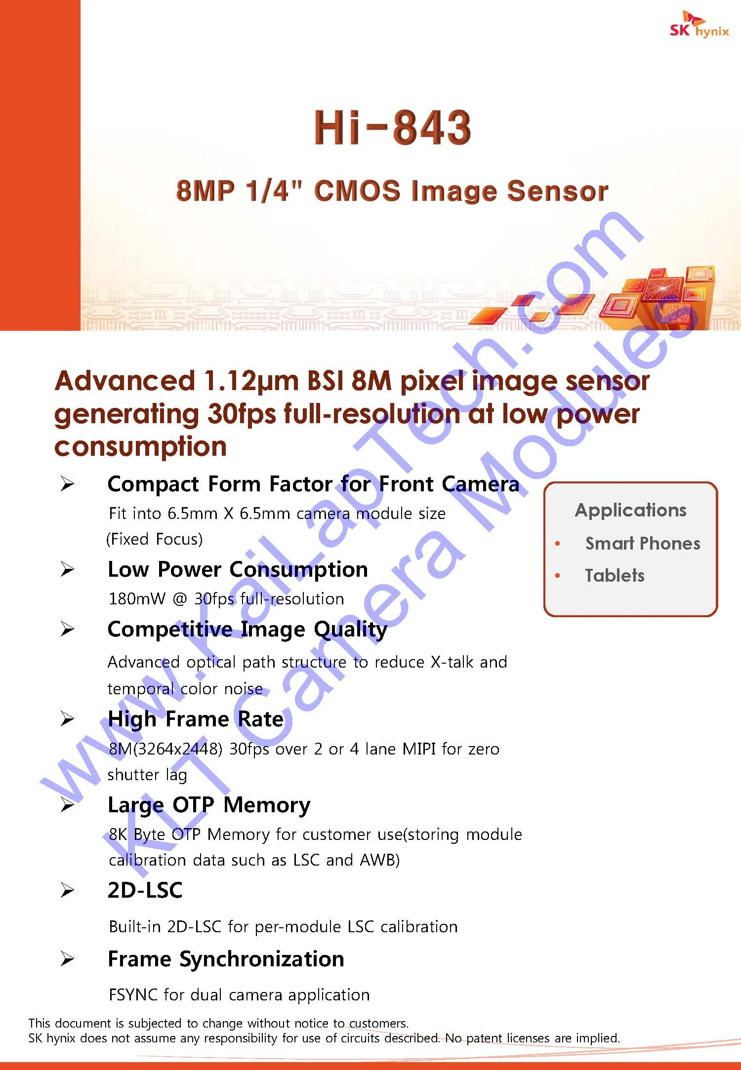 KLT-L7MA-HI-843B V1.0 Hynix HI-843B Интерфейс MIPI с автофокусом Модуль 8MP