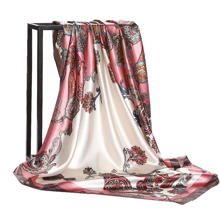 Китайские женские шарфы с краями, саржевый 90X90, большой объем, хиджаб, Шелковый атласный шарф