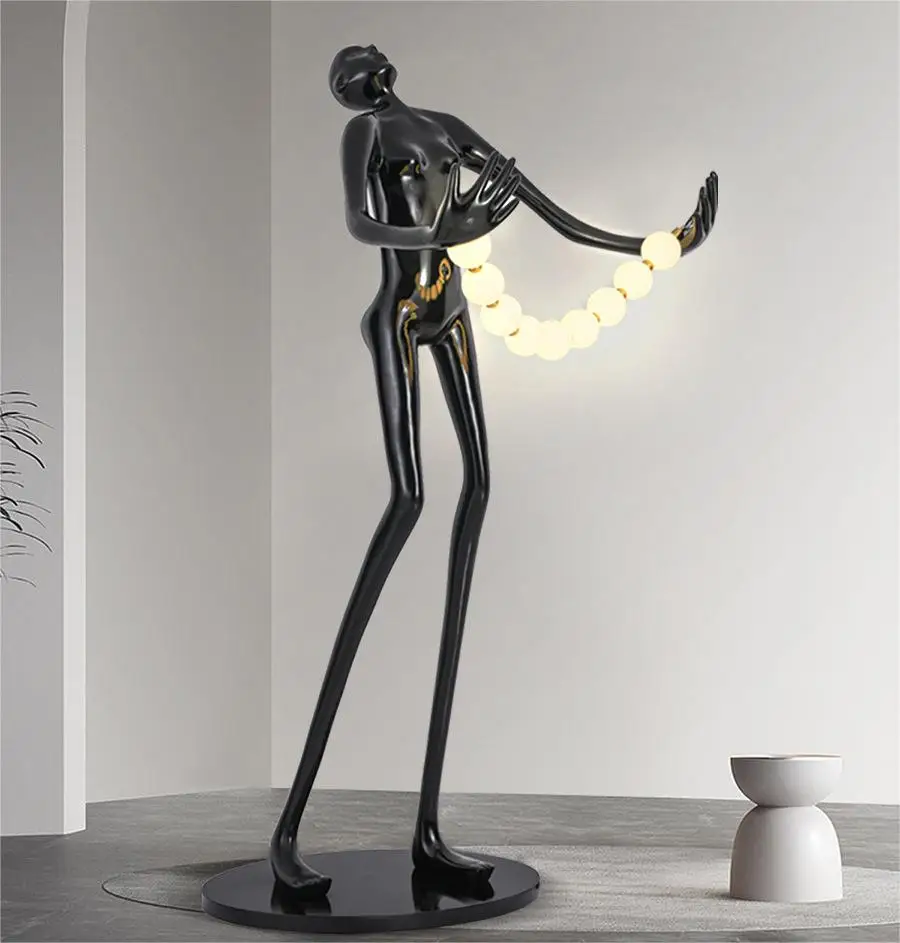 Led Character Floor Lamp With Glass Body And Black/white Shade Sculpture Art For Office Hotel Living Room Table