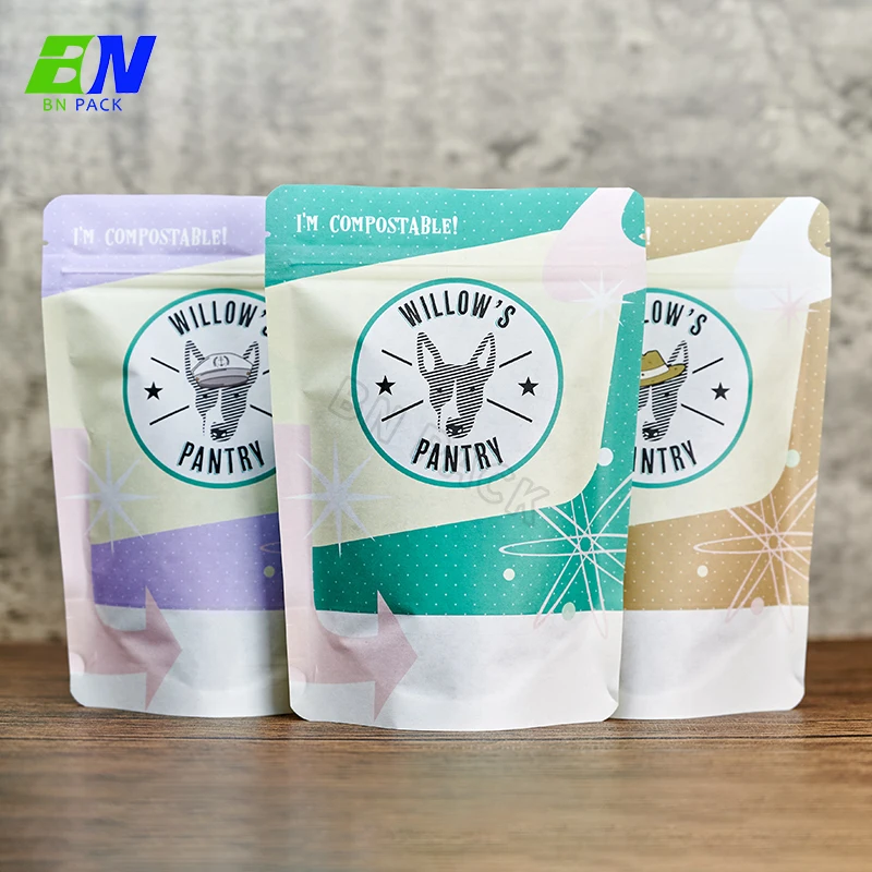 Custom printing 100% biodegradable compostable stand up kraft paper food packaging zipper bag