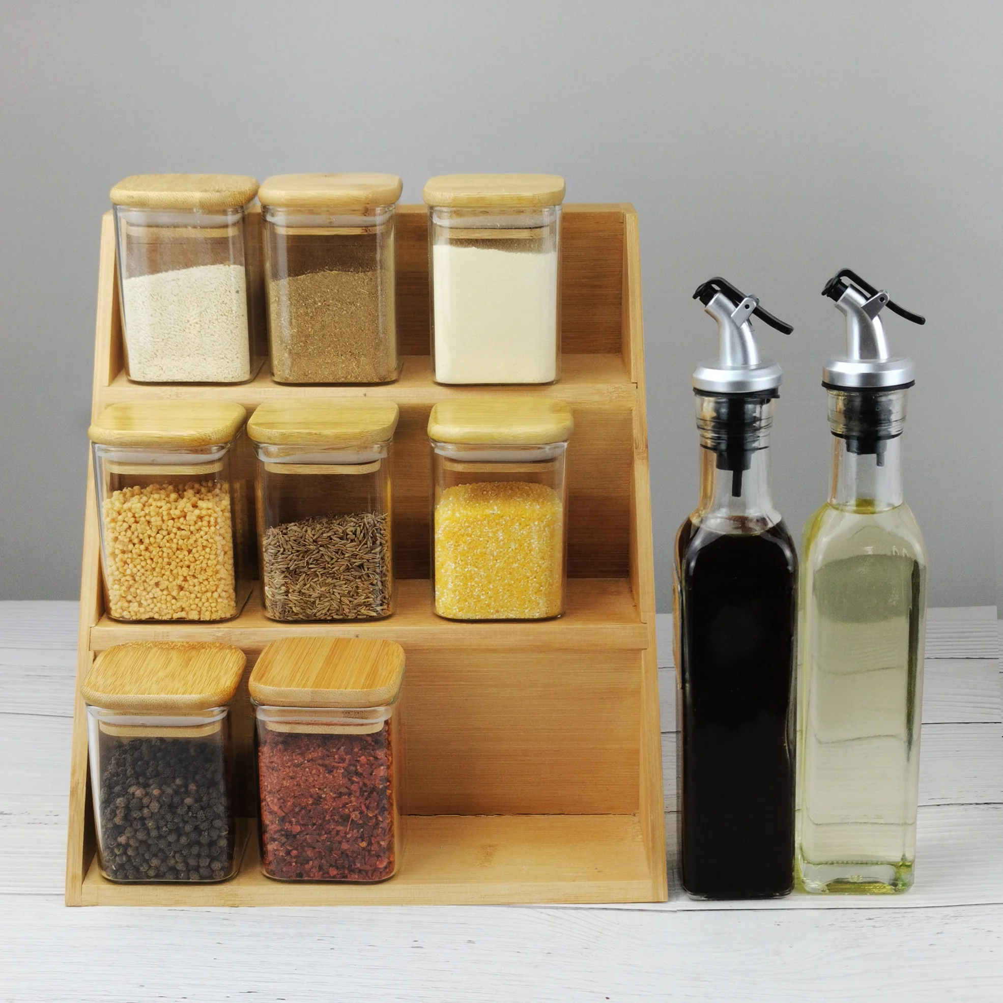 glass spice jar &oil bottles with bamboo rack.jpg
