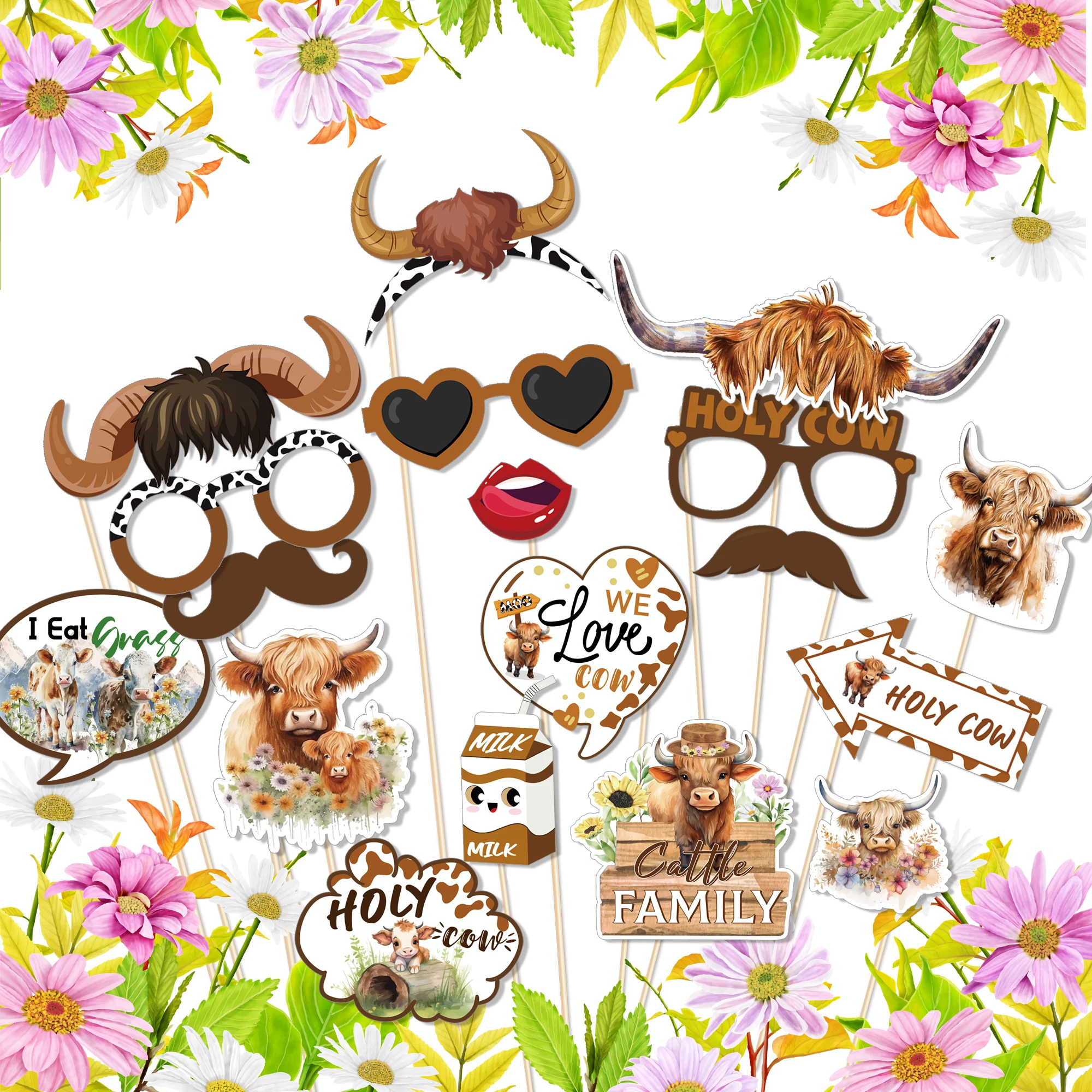 Huancai 25 PCS Highland Cow Photo Booth Props with Sticks Western Party Selfie Props Kit for Kids Birthday Party Supplies