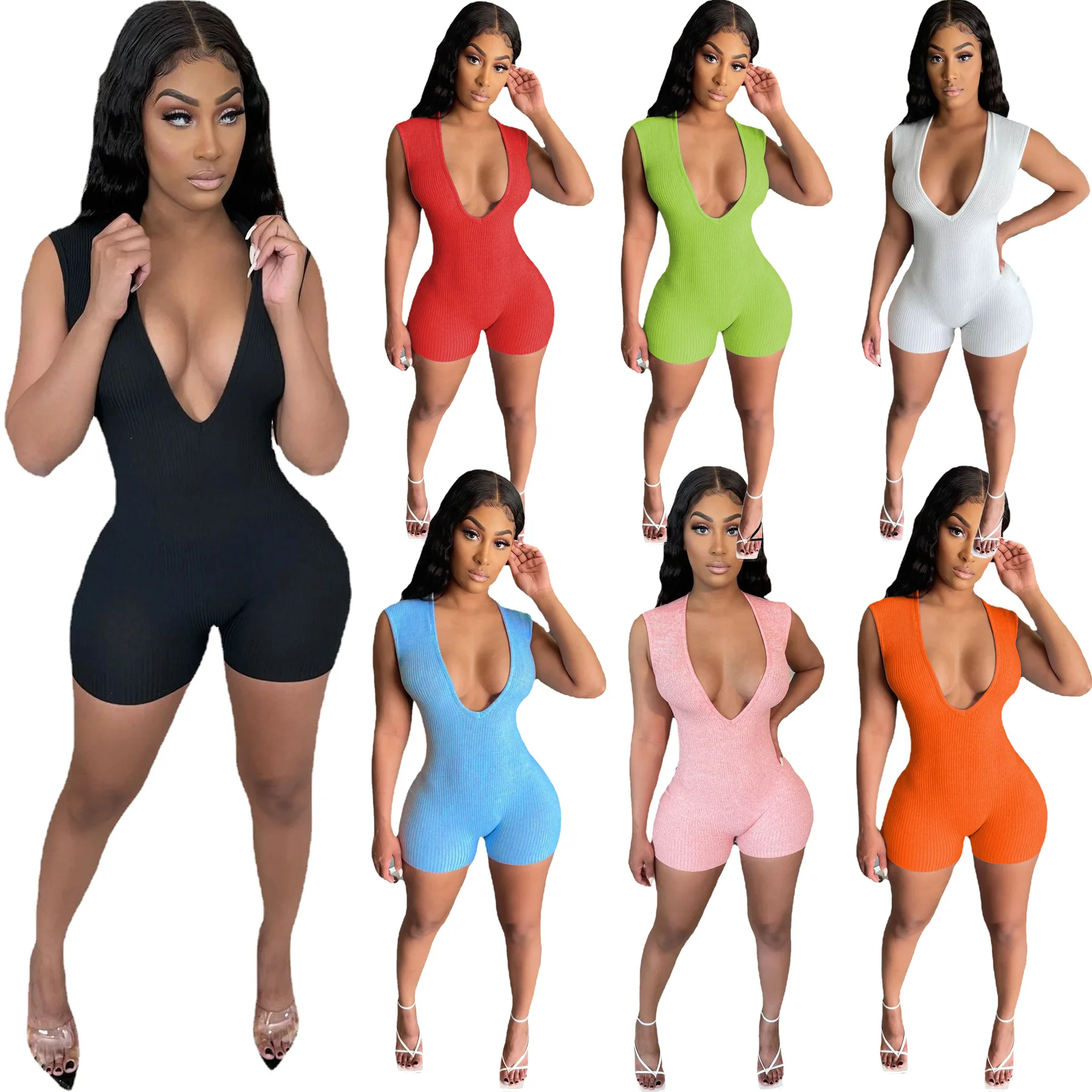 Sleeveless Deep V Solid Bodycon Jumpsuit Ribbed Sexy  Cami Jumpsuit Summer Short Womens Romper Fashion Streetwear Outfits C13775