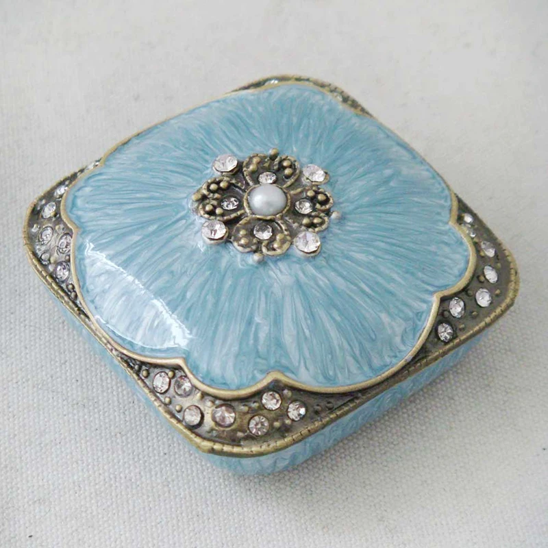 Vintage Brass Blue White Coffee Epoxy Metal Zinc Alloy Jewelry Trinket Box Square With Rhinestones And ABS Pearls Jeweled
