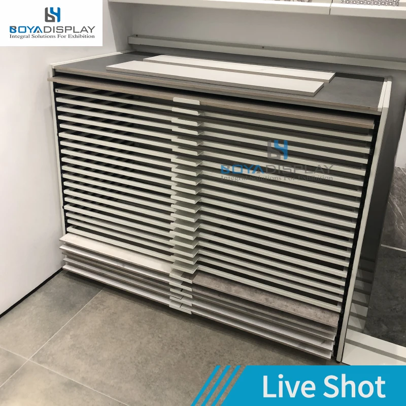 Boya Customized High-End Save Space Silent Pull-Out Sliding Ultra-Thin Ceramic Tile Sample Display Drawer Cabinet With Handle