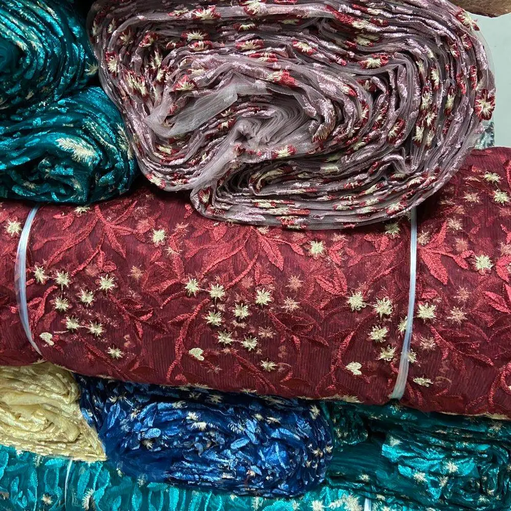 
India crystal embroidered fabric stock lace fabric online embroidery for evening dress 