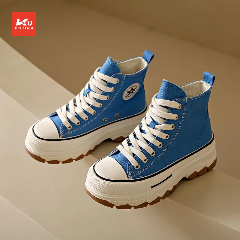 Canvas Trendy High Top Vulcanize Casual Shoes Safety Custom Woman Casual Shoes for Sale Height Increasing Fashion PVC KUJINA&OEM