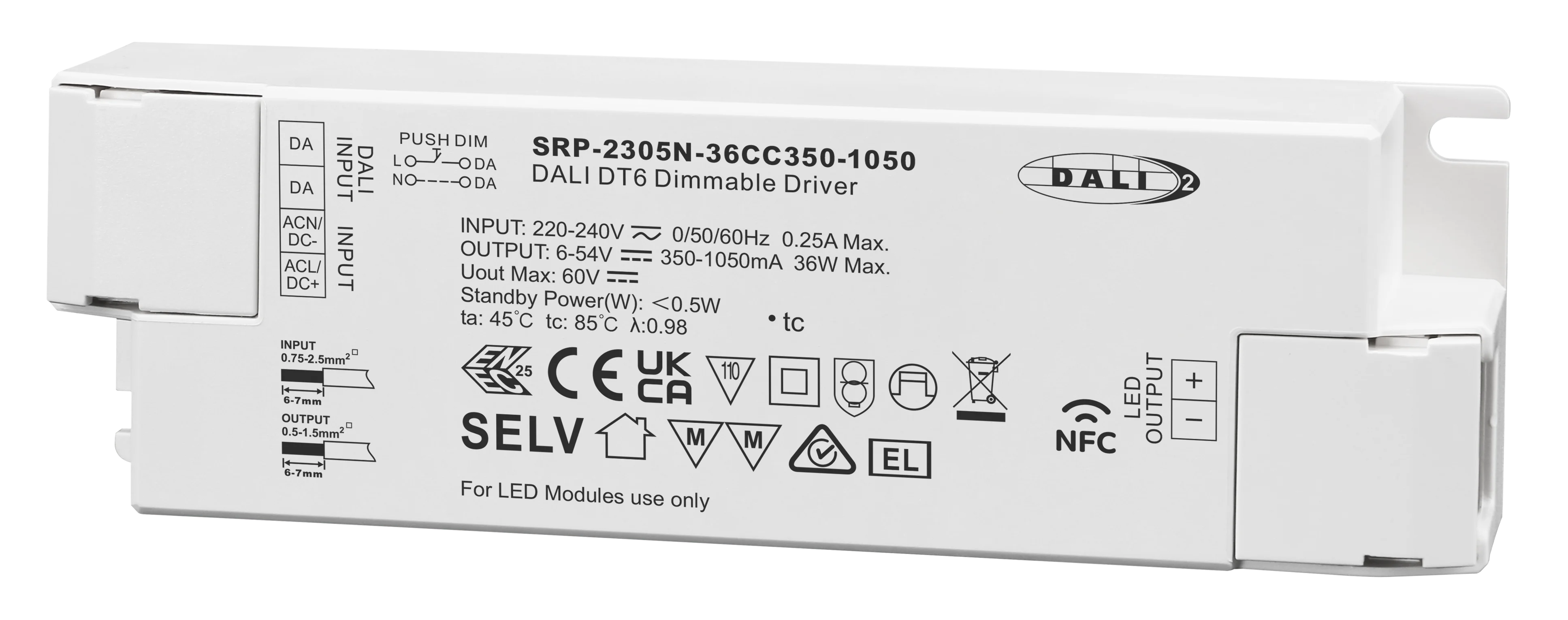 Sunricher 36W DALI DT6 NFC Enabled LED Driver With  350-1050mA Current Selectable via NFC Program Tool.