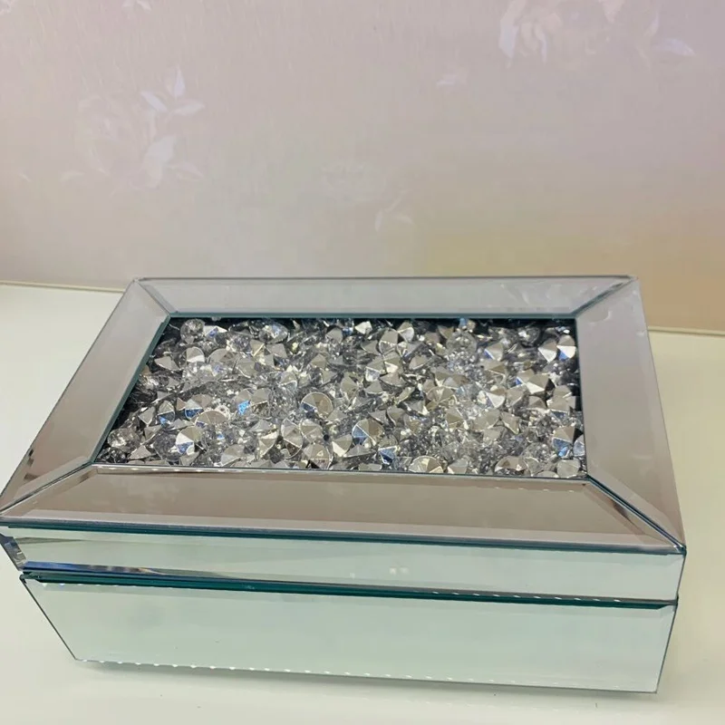 ZTbox-3 Mirror glitter  beige Velvet Luxury Glass Jewelry gift  box for Wedding decoration
