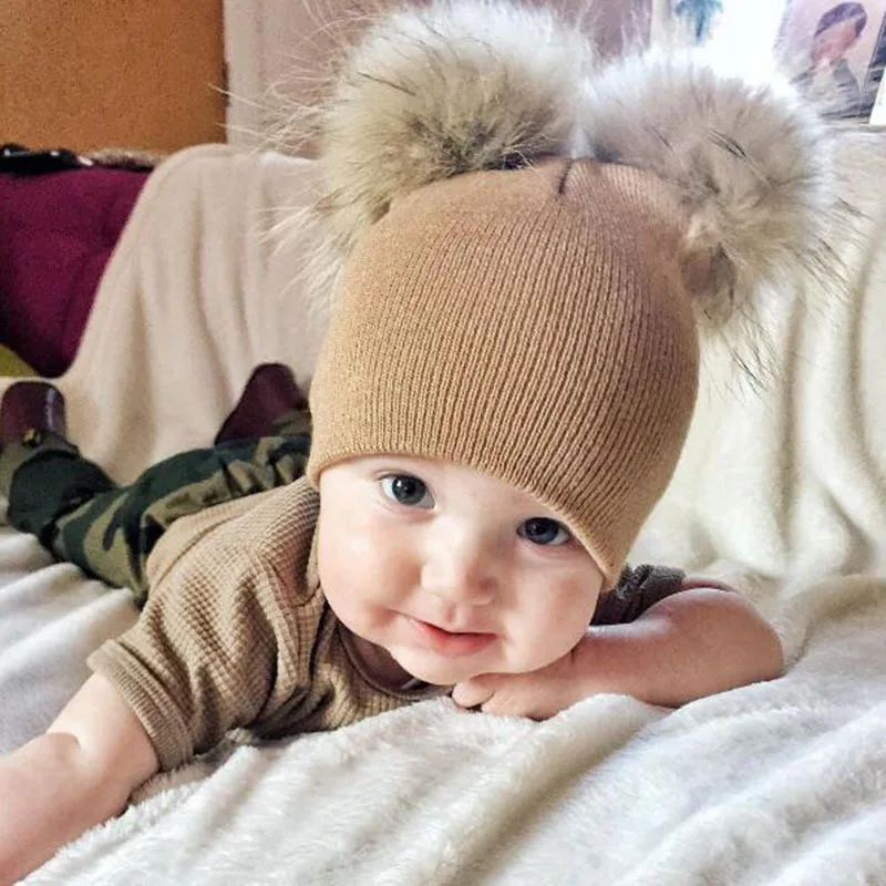 
Double Fur Pom Hat Beanies Cap Crochet Children Knitted Hats Cute Baby Kids Girl Boy Autumn Winter Knit Hat 
