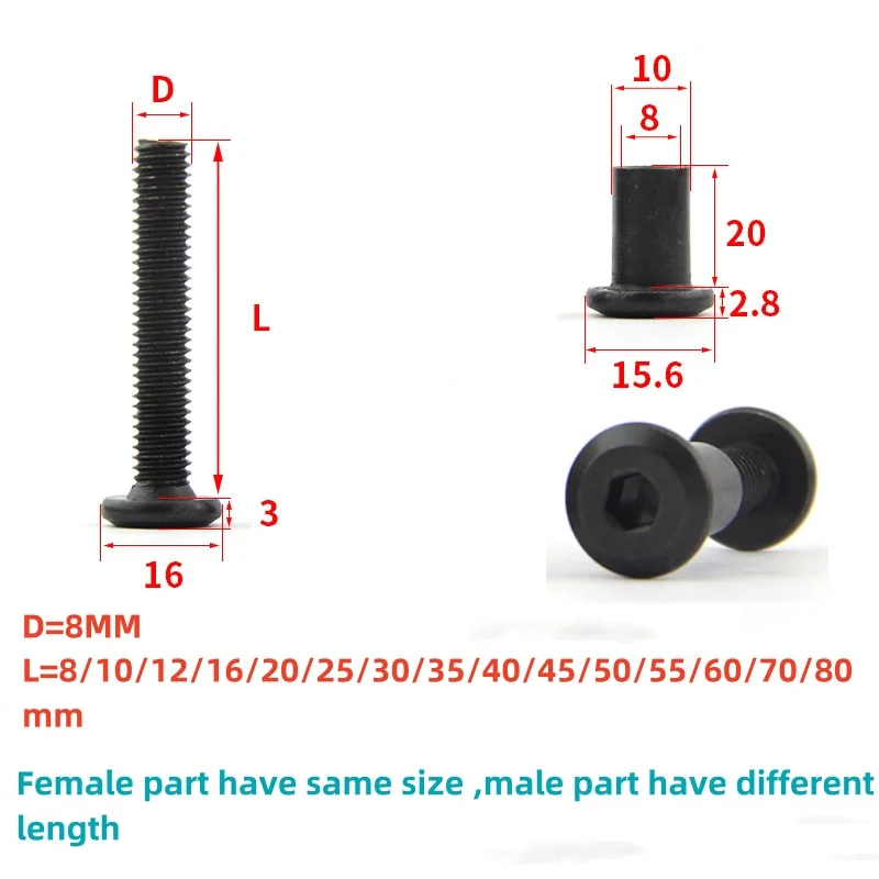 China made Stainless Steel iron black zinc plated flat head Hex Socket Furniture barrel sleeve nut lock joint screws