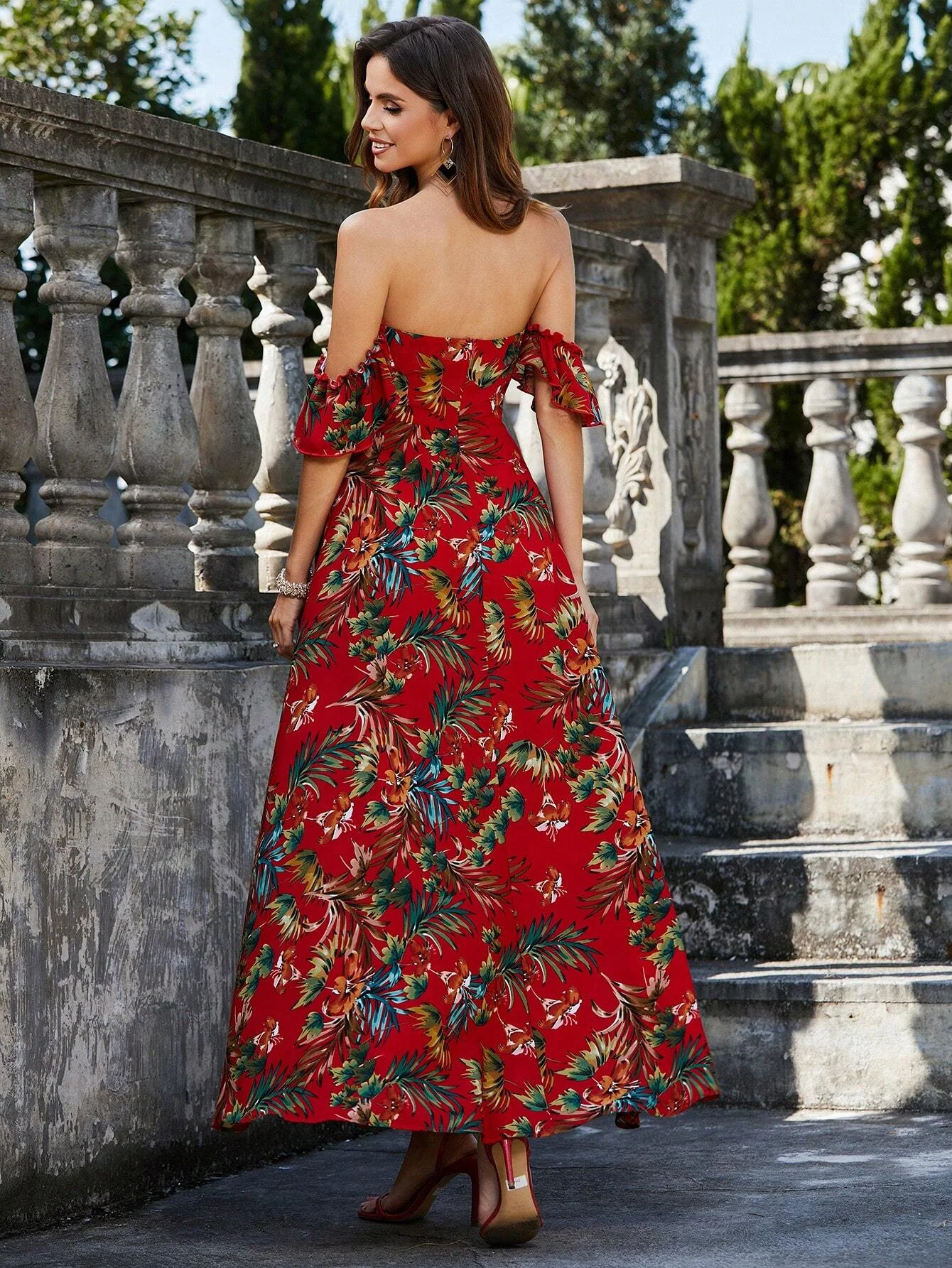 Double Crazy Floral Pattern Off-Shoulder Long Sleeve Dress