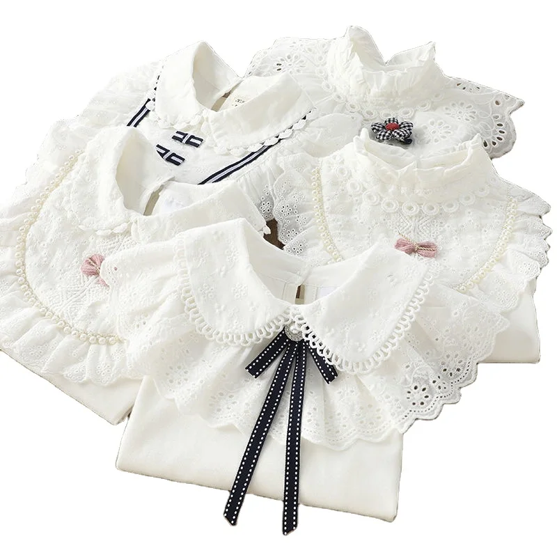 От 1 до 15 лет белая Модная рубашка для девочек топы Осенняя детская с лацканами и жемчугом Детская кружевная