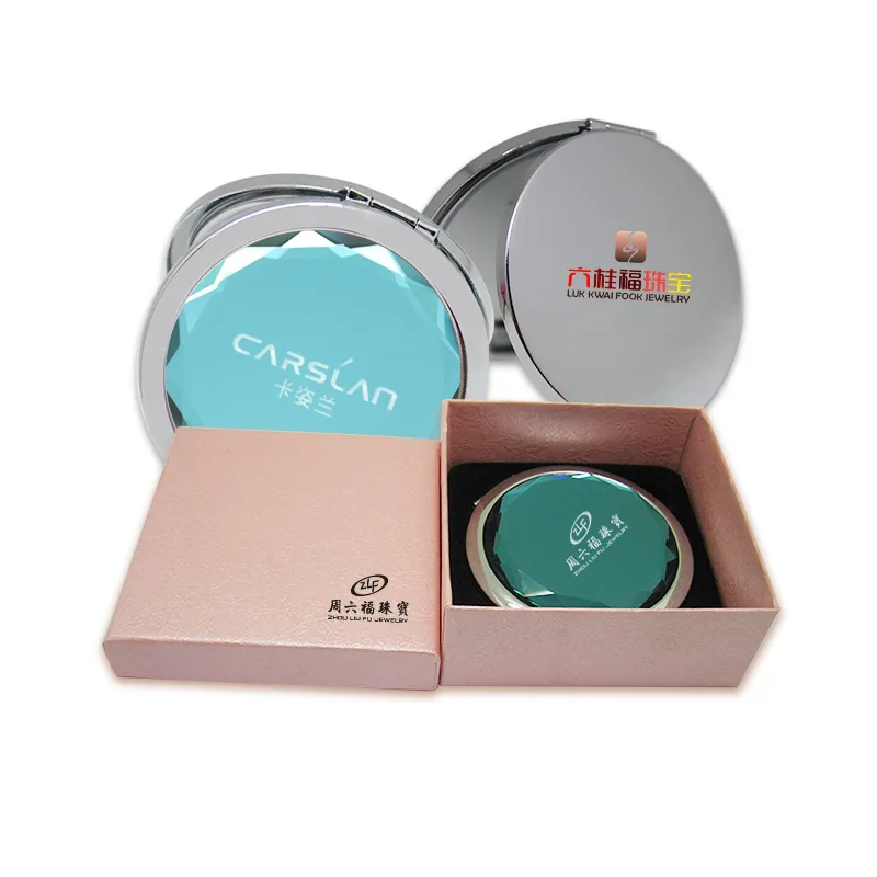 Popular OEM Logo Small Crystal Pocket Cosmetic Mirror 2X Foldable Compact Portable Travel Round Double Sides Makeup Mirror