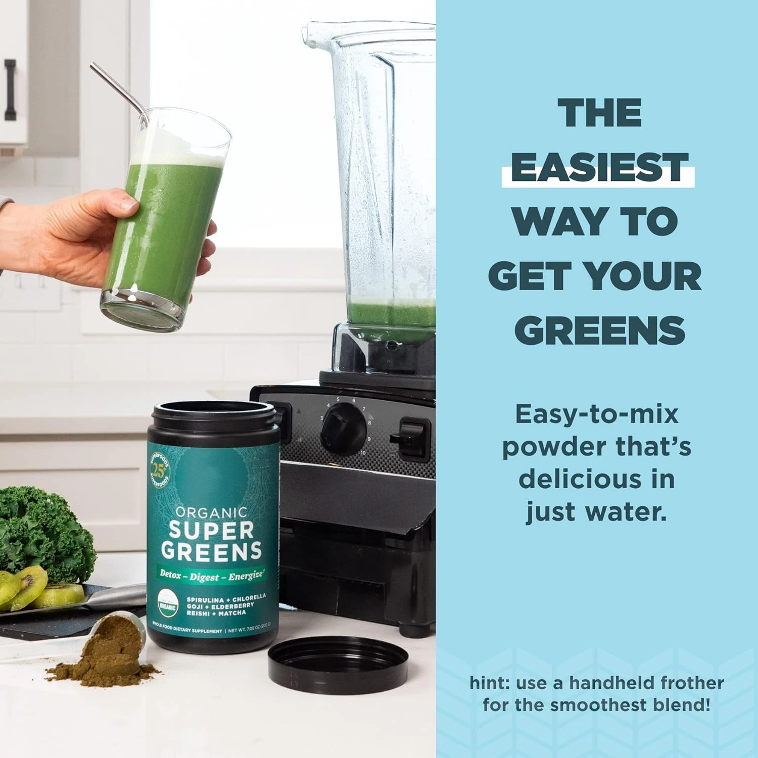 OEM Super Green Powder Spirulina Mix Powder Organic Superfood with Probiotic Chlorella Matcha Enzymes for indigestion person