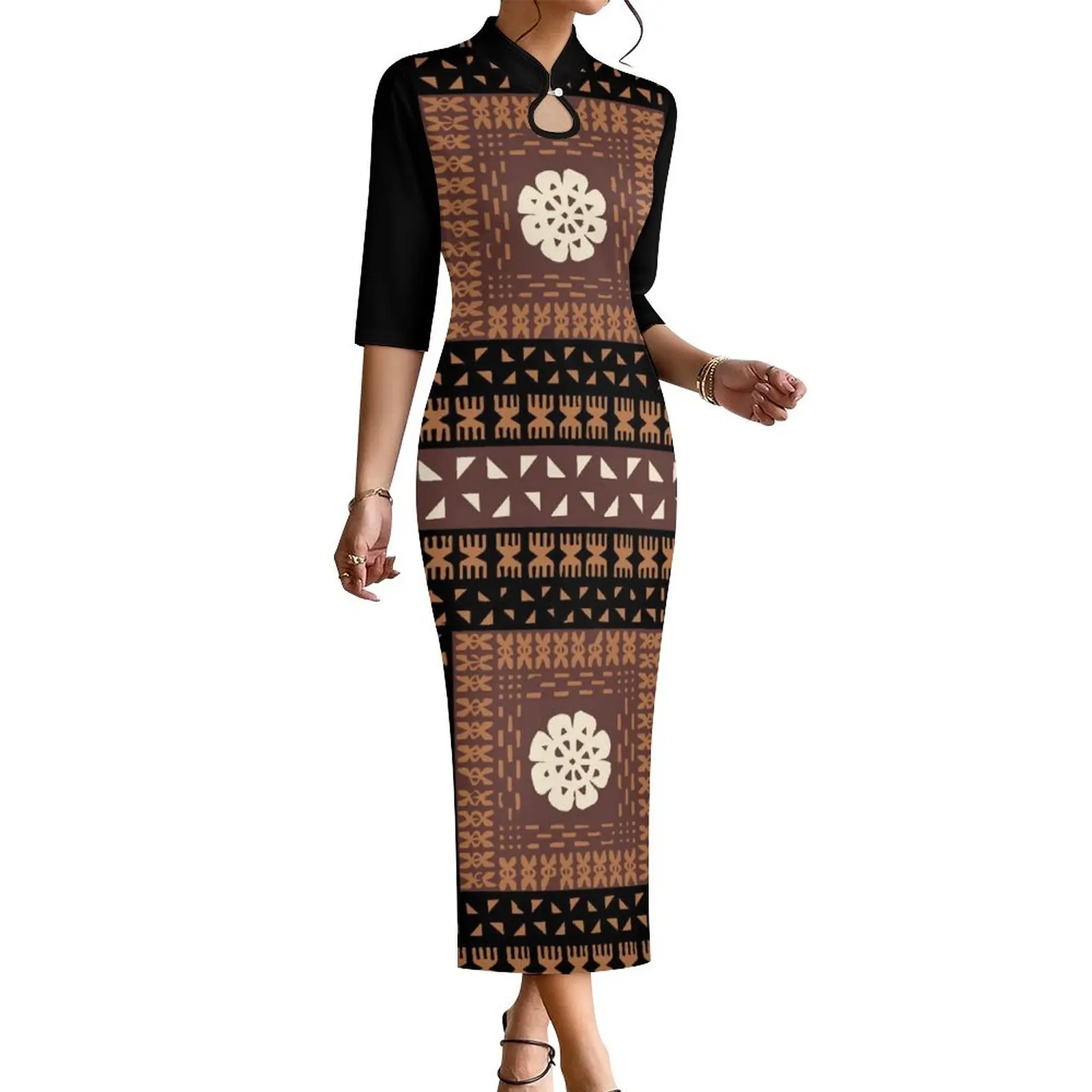 Polynesian Elei Tribal Design Beach Evening Party Sexy Large Size 7XL Woman Short Sleeve Package Hip Skirt Qipao Dress