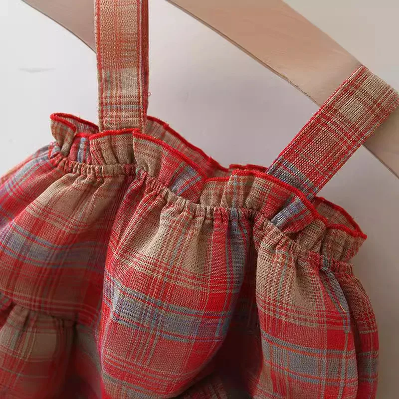 2024 new summer red plaid thousand-layer suspender skirt comes with the same straw hat