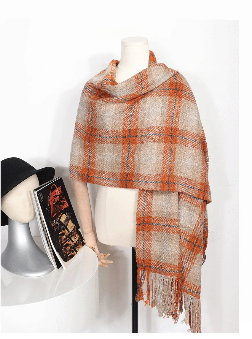 Custom Black Red Plaid Mohair Scarf for Women Checked Chevron Shawl Wrap Thick Winter Red Stripes Scarf with Tassels