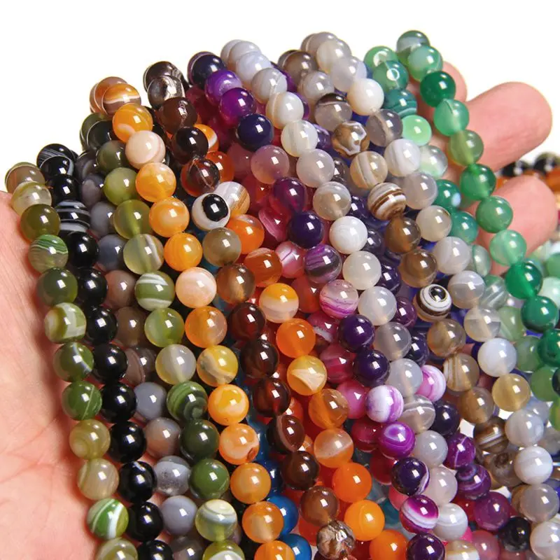 Natural Blue Green Red Yellow Purple Smooth Stripe Agates Stone Beads Round Loose 4 6 8 10 12 MM Agates Beads For Jewelry