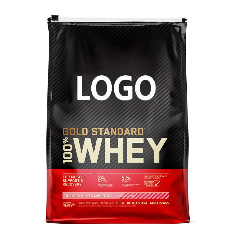 Custom Logo Printed 4.5kg 5kg 10kg Plastic Flat Bottom Ziplock Gold Standard Egg Whey Protein Powder Packaging Pouch Bag Bags