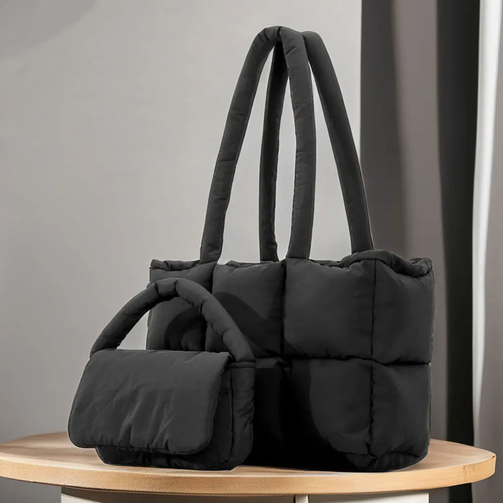 Custom Black Nylon Puffer Tote bag Padded quilted Casual  Puffy Handbag large carryall Bucket Bag For Women