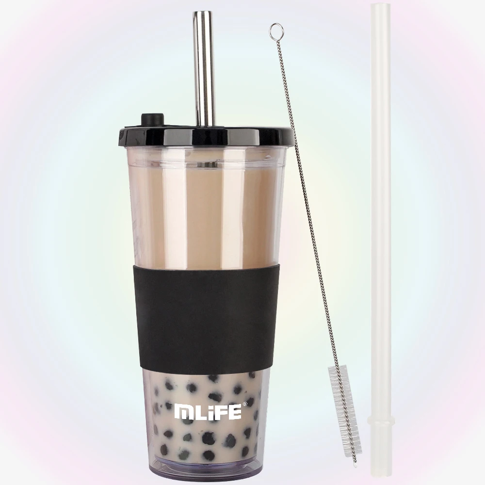 Double Wall Plastic Juice Drink Water Bubble Tea Tumbler with Straw and Brush Custom logo Cup clear Boba Milk