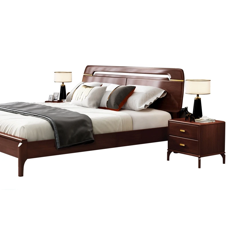 Solid wood bed modern light luxury solid wood kingdom size red sandalwood golden wedding bed bedroom furniture