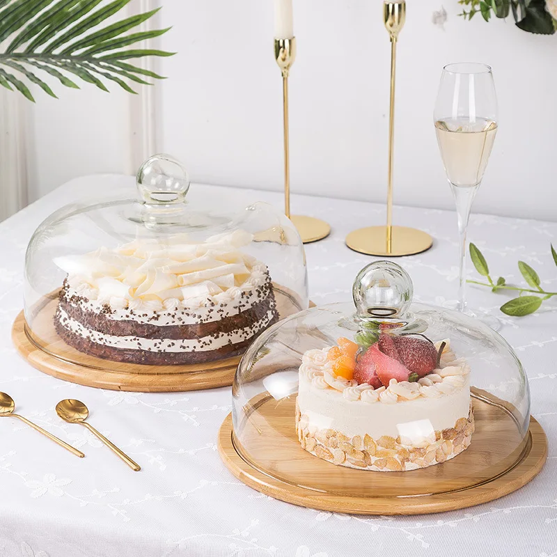 100% Natural Eco Friendly Decorating Serving Platter Cheese Board Bamboo Cake Stand with Glass Dome