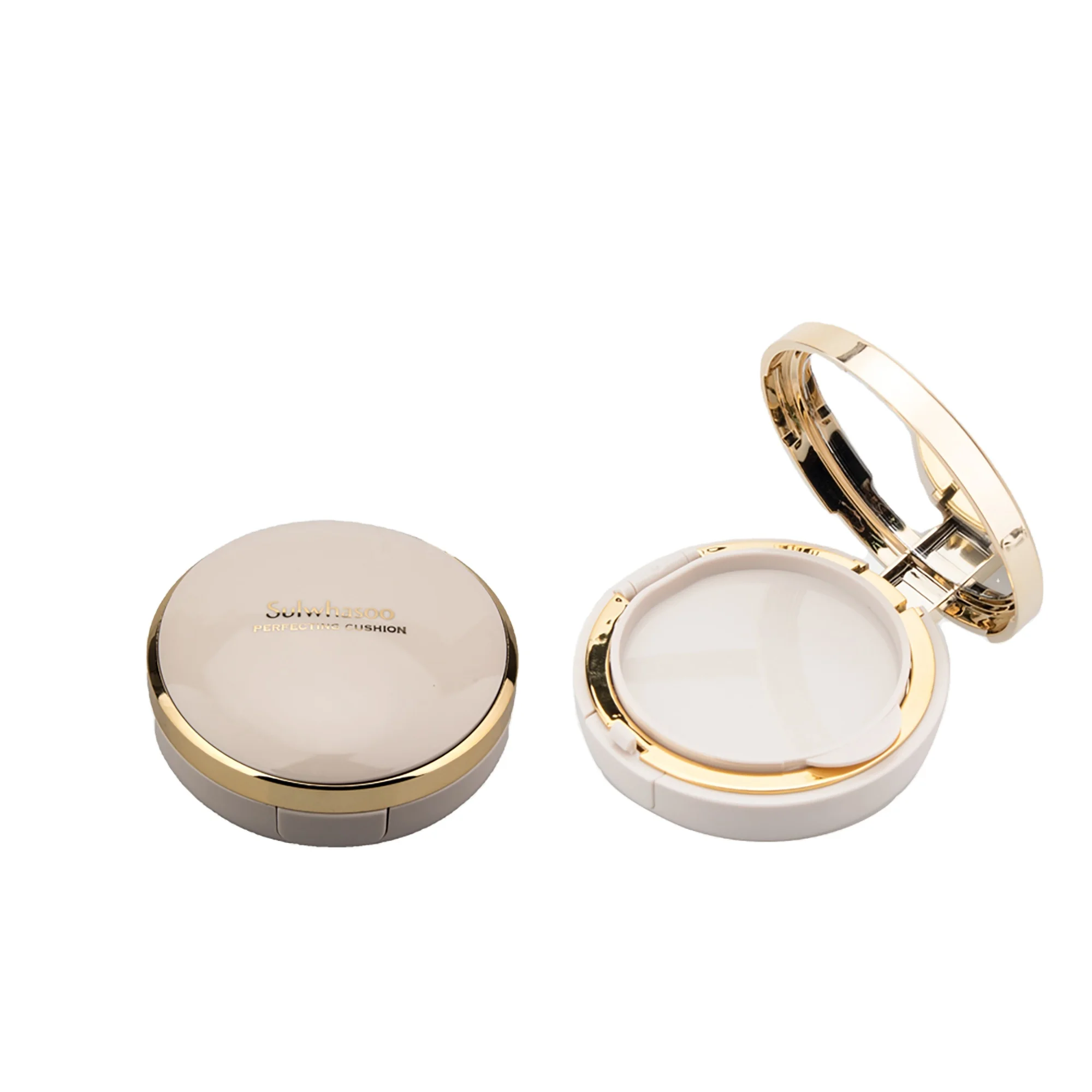 Customize Label Empty Nude Air Cushion BB Cream Foundation Case 2 Layers Round Powder Compact Packaging with Mirror Gold Ring