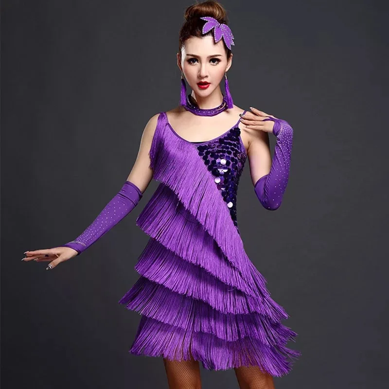 Wholesale red performance women dancewear adult latin dance dress sequin tassel