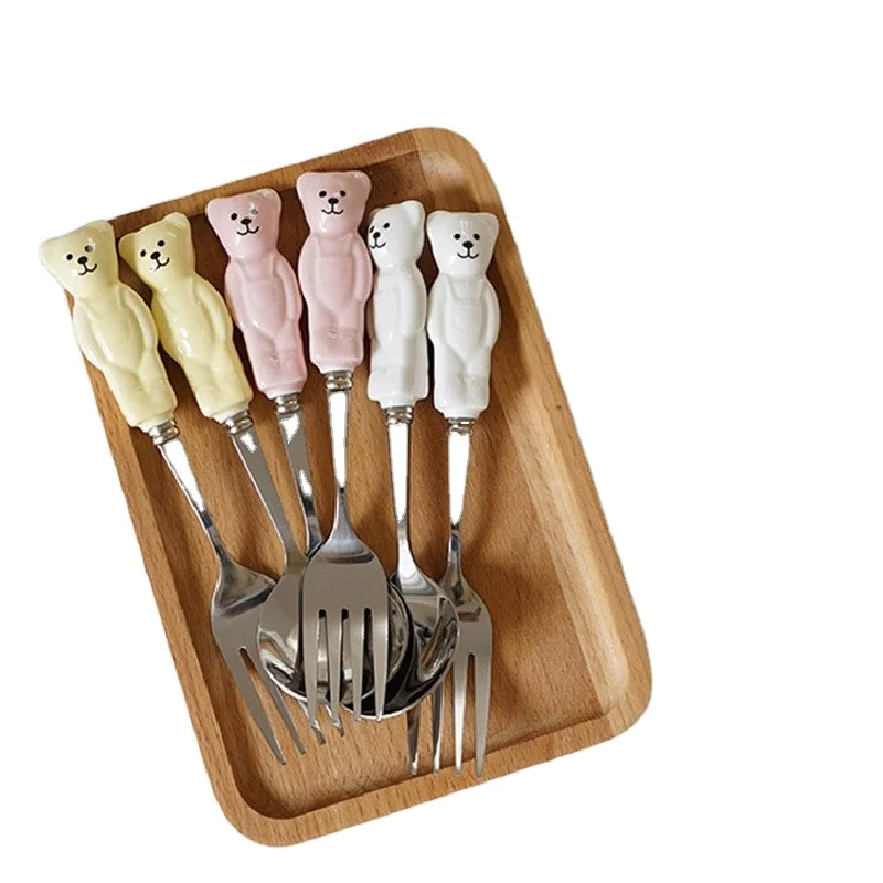 SYL Korean Cute Bear Spoon Fork Ceramic Dessert Spoons Dinnerware Cartoon Spoon Fork Butter Knife Set