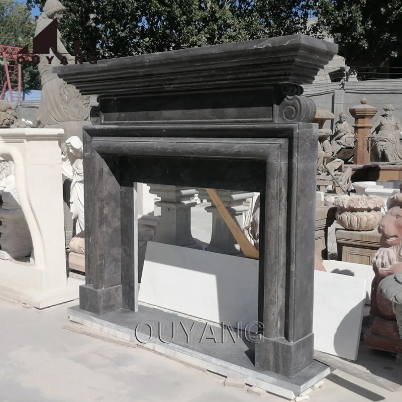 QUYANG Custom French Home Decoration Large Freestanding Fireplace Mantel Black Antique Marble Fireplace Surround