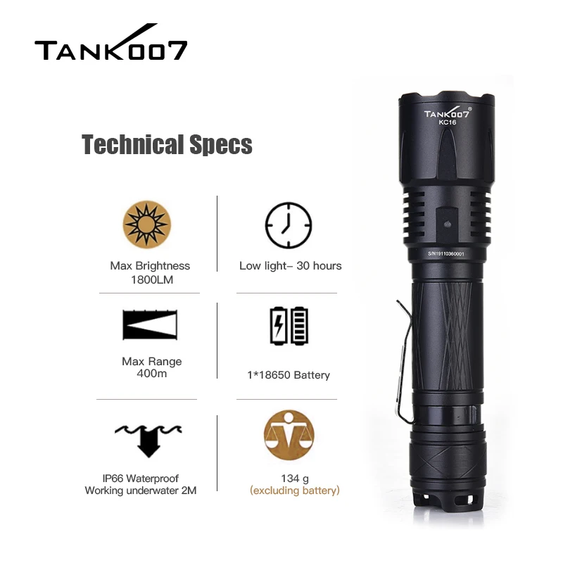 Tank007 KC16 Custom Logo Flashlight Super Bright tactical flashlight Led Torch rechargeable Linterna led flashlight factory