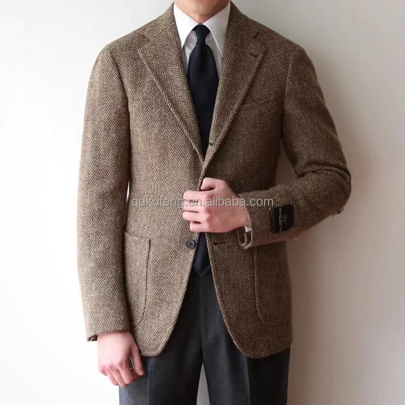 brown upper class luxurious sell well 3 season flannel  man fashion herringbone suit jacket design for men