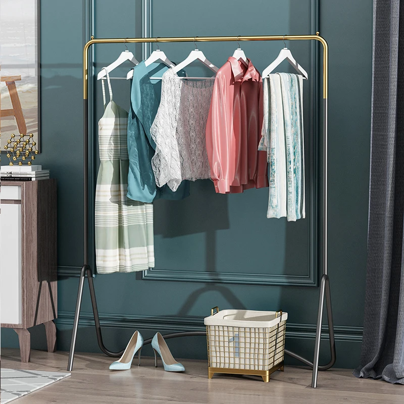 Metal Clothing Display Stand Floor Hanging Rail Lady Clothing Display Golden Rail Garment Rack for Fashion Clothing Store