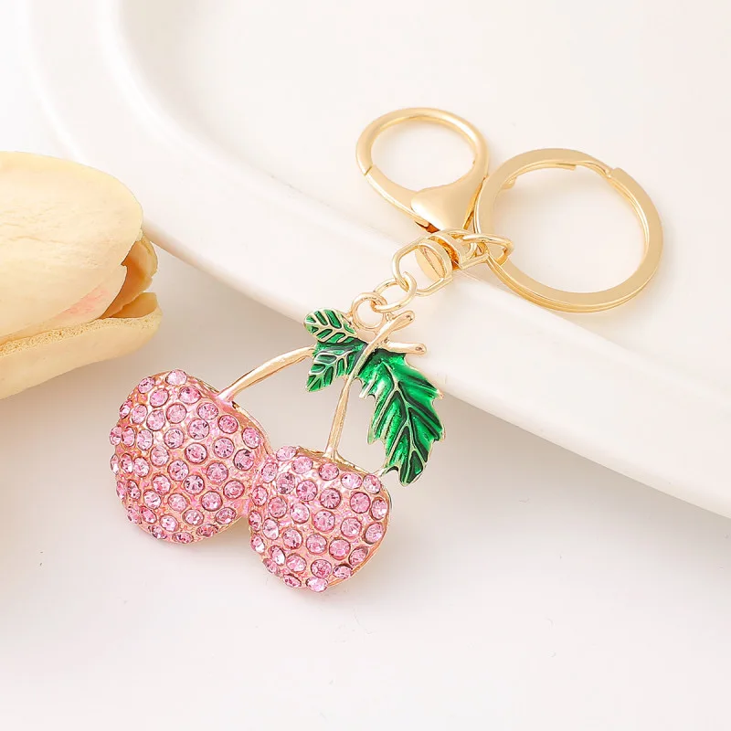 fashion Crystal glitter Cherry Keychain Girl Rhinestone Fruit Cherry key ring bling cherry bag charm pendant jewelry accessories