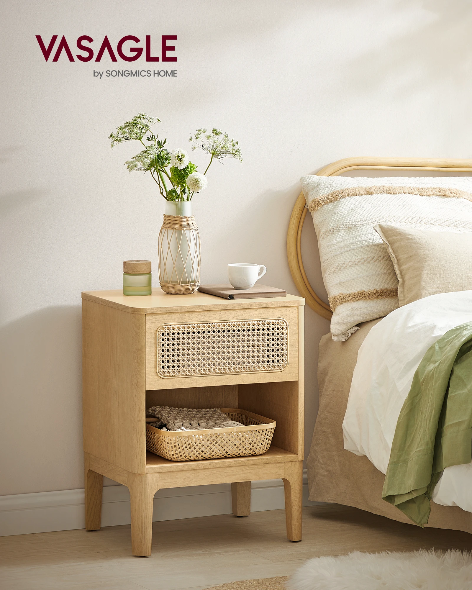 VASAGLE Modern Side Table for Bedroom Boho Bedside Table with 1 Upper Drawer Rattan Nightstand
