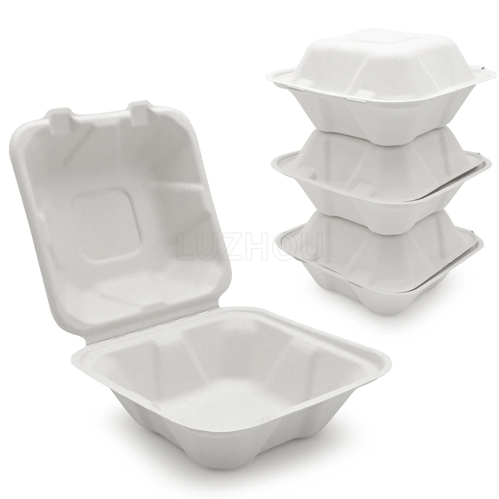 LuzhouPack 450ml 6 Inch Thick & Sturdy Eco Friendly Disposable Takeout Bagasse Pulp Hamburger Packing Custom Box Paper