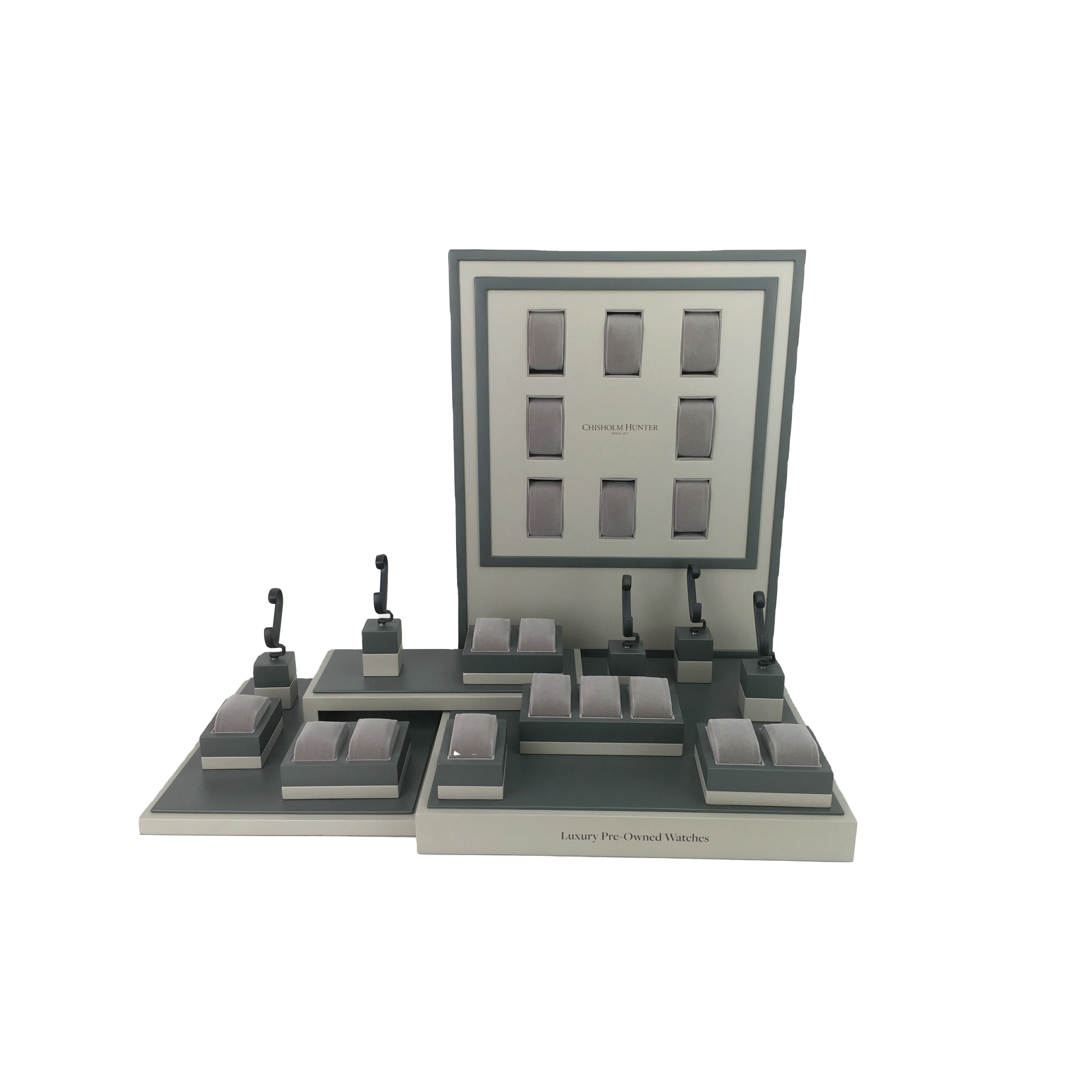 Oem High Back Shop Window Wrist Watches Sales Displays Stand Mdf Gray Matte Finish With Vertical Velvet Pillow C Ring Holder