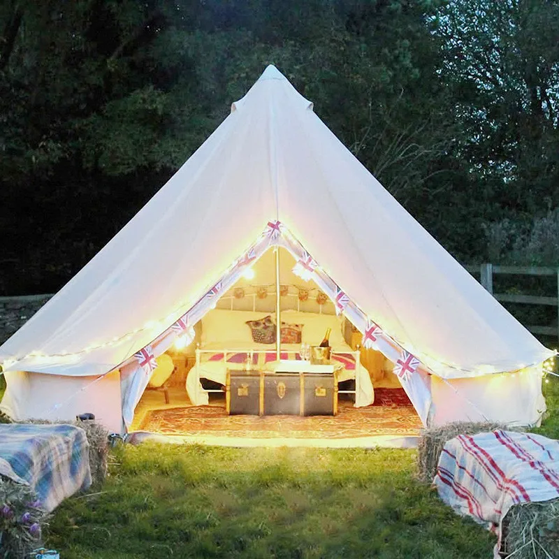 Qibu 4-season Waterproof Cotton Canvas Large Family Camp Beige Color Bell Tent Hunting Wall Tent With Roof Stove Jack Hole