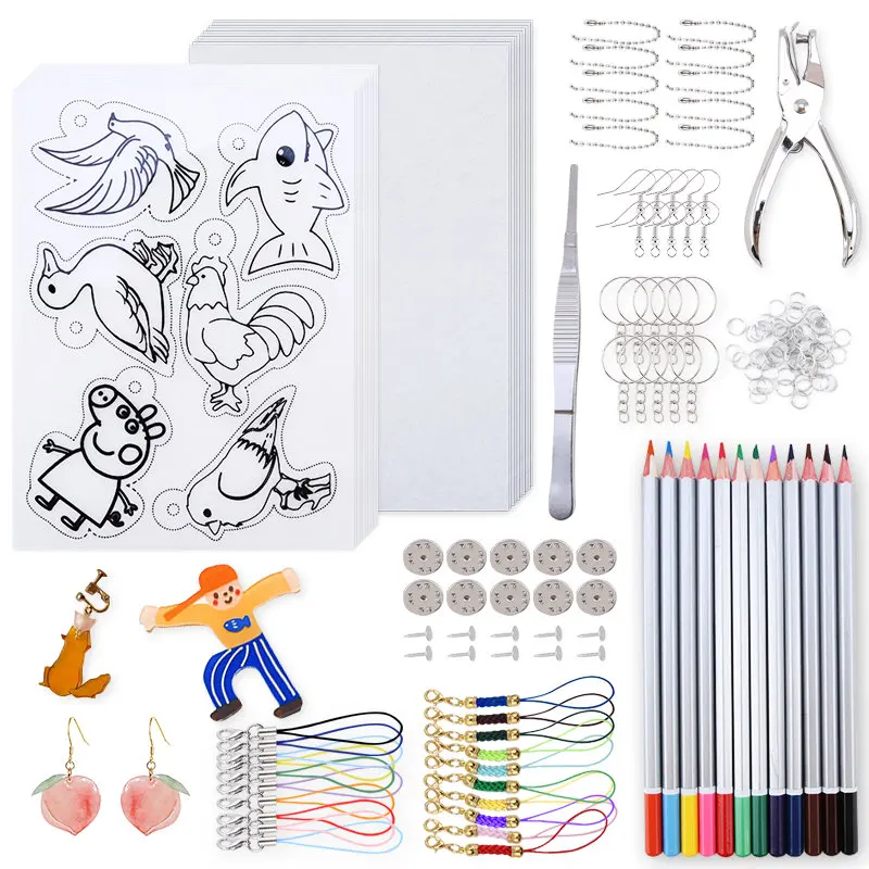 Art Clear Heat Shrink Plastic Sheet Film Paper Keychains DIY Jewelry Tools Kit Set For Kids and Women