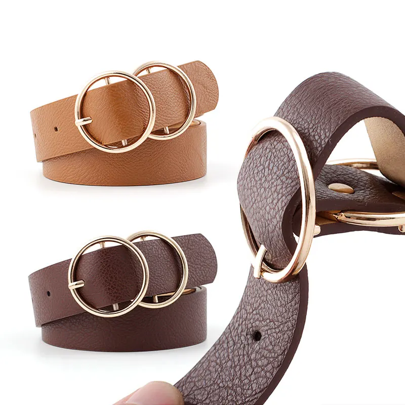 Women PU Belt Casual Wide Belt Girls Fashion Double O-Ring Leather Buckle All in Match