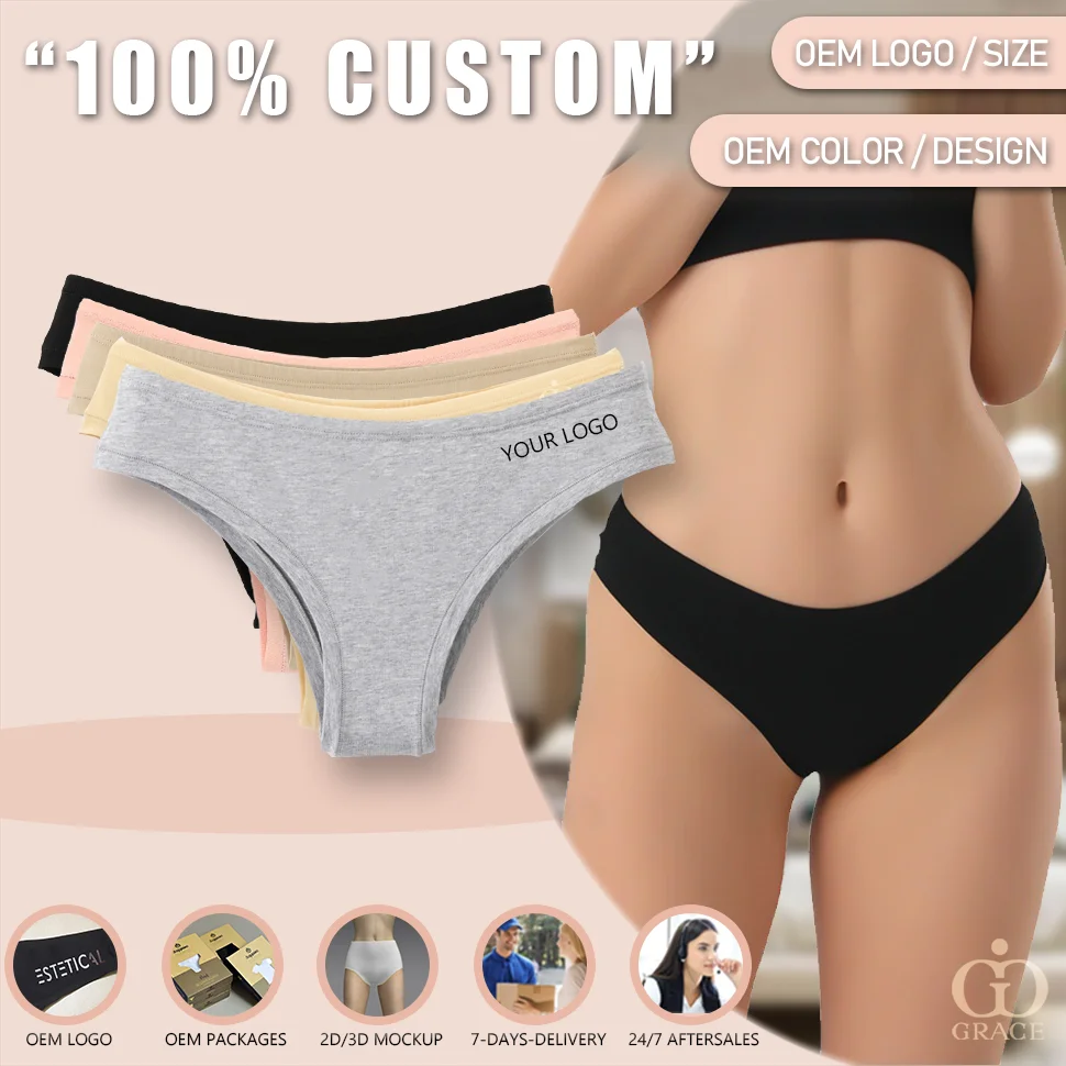 Custom Logo Low Rise Pure Cotton Solid Color Lightweight T Back Bikini Brazilian Thong Panties Women Underwear