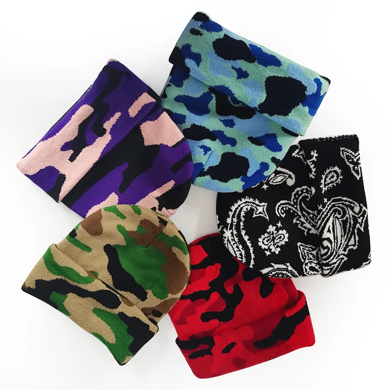 HK29 New arrivals fashion winter warm camo beanie camouflage hat bandanna jacquard knitted wool beanie acrylic hat for men