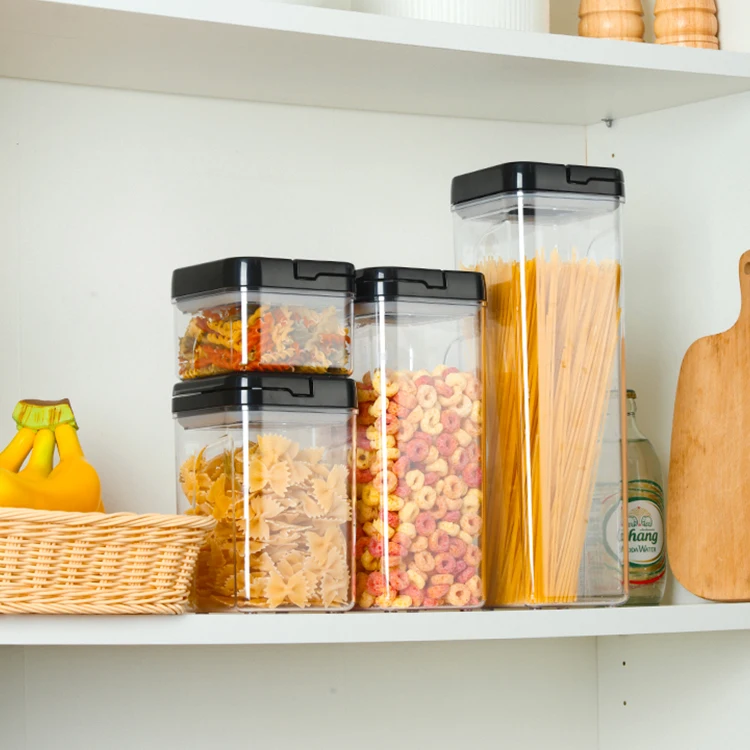 transparent plastic empty airtight sealed food container storage set stackable square jar with date indicator